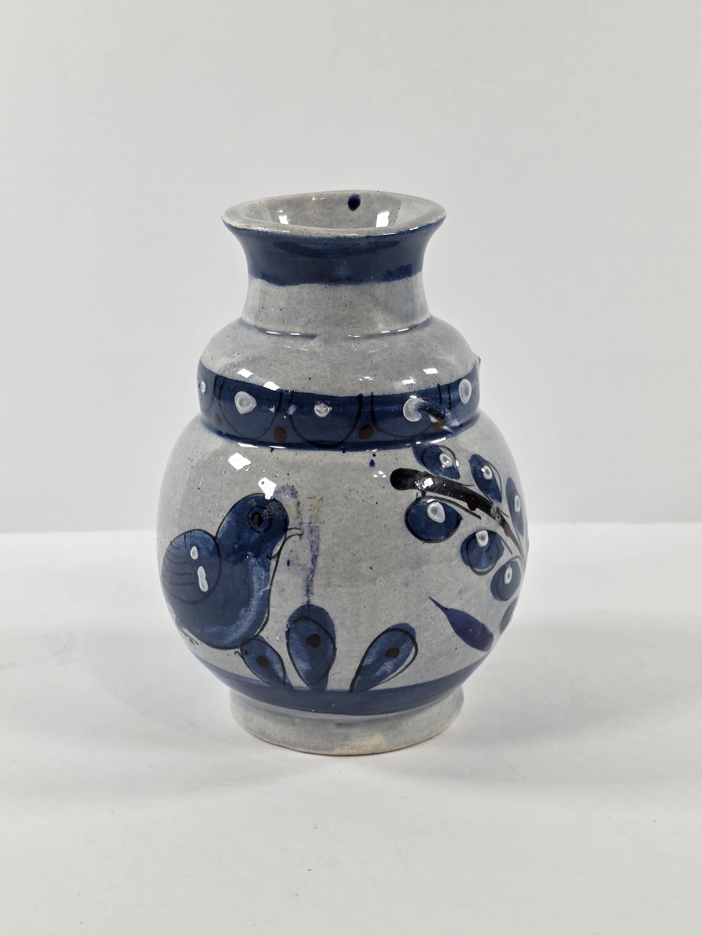 Mexican Tonala Pottery Vase Quail Blue Floral Vintage